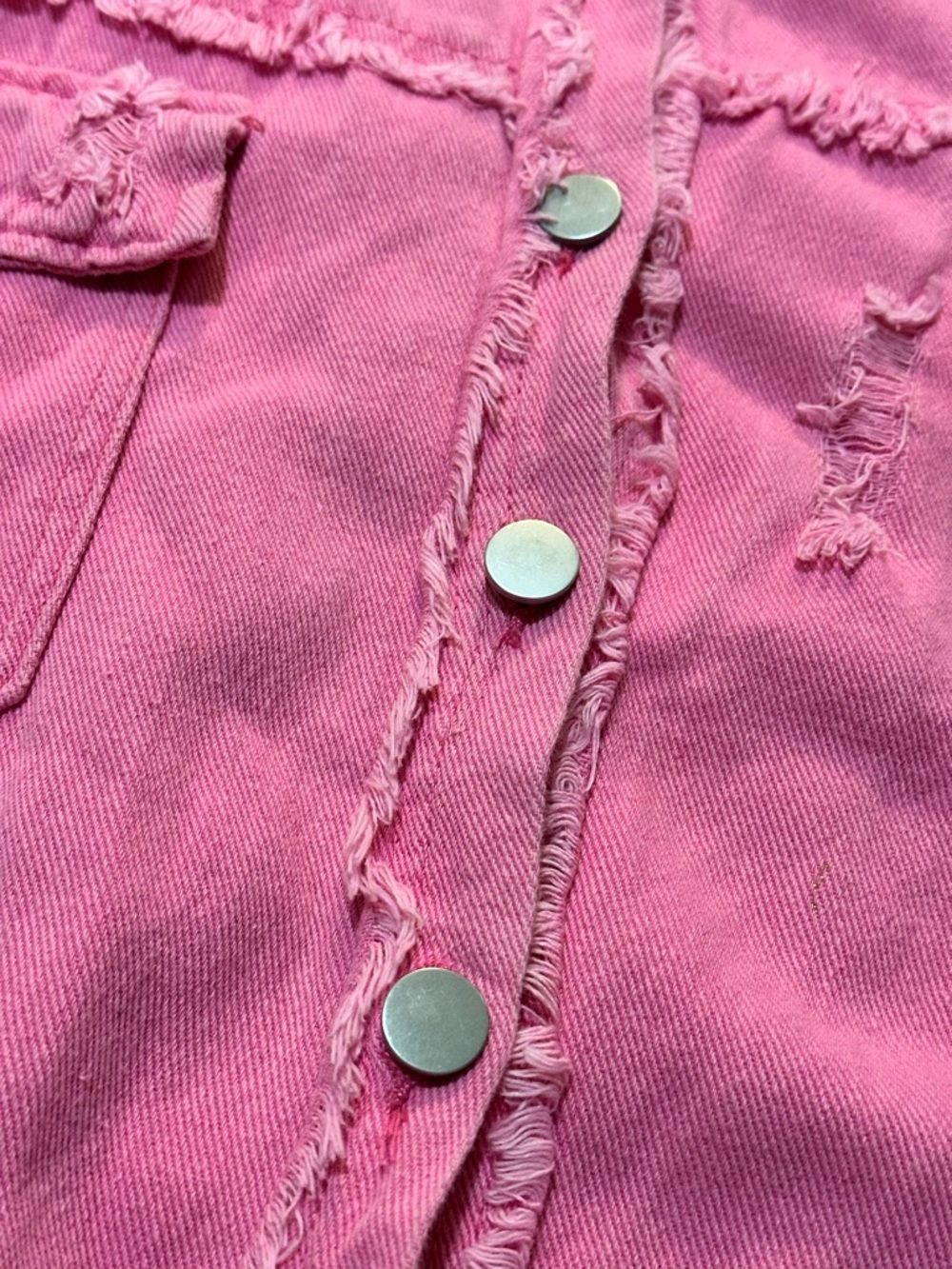 Pink ripped distressed denim casual boyfriend jean jacket fringe size X-Large - Picture 6 of 11